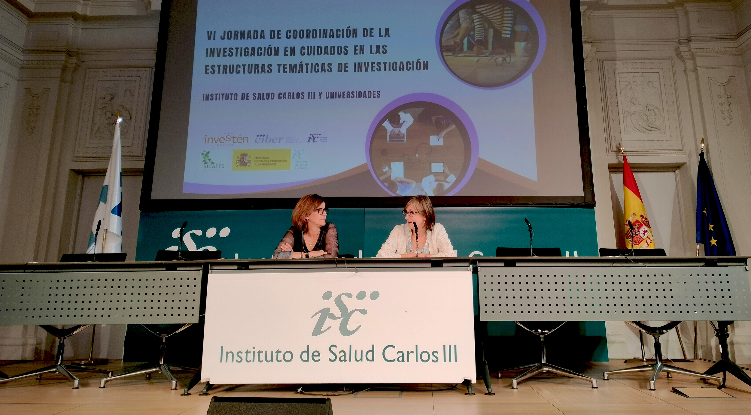 La directora del ISCIII, Marina Pollán (a la derecha), con la directora de Investén-ISCIII, Teresa Moreno, en la inauguración de las jornadas sobre investigación en cuidados celebradas este jueves en el Instituto de Salud Carlos III (ISCIII).